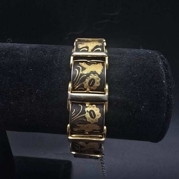Damascene Flower Bird Link Bracelet Gold Tone Black Enamel Toledoware - Picture 1 of 11